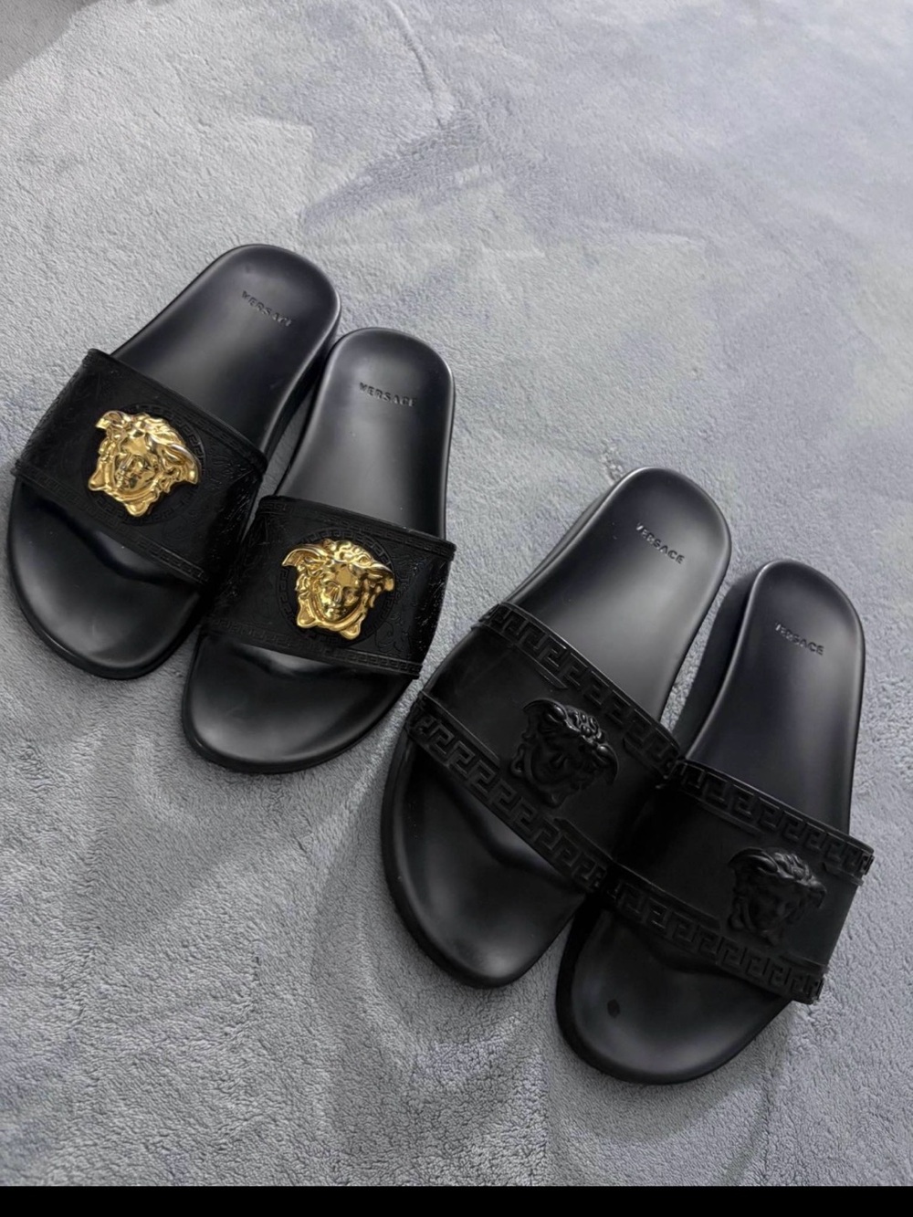 Versace Black Medusa Emblem Slide Sandals with Gold and Black Medallions